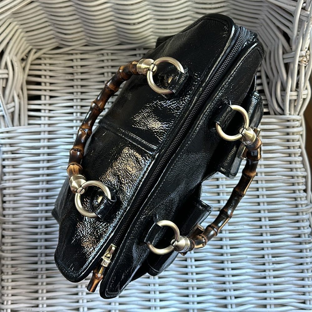 Talbots Black Patent Satchel with Bamboo Handles - Picture 2 of 16